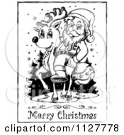 Poster, Art Print Of Merry Christmas Greeting And Sketched Santa On A Reindeer In Black And White