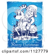 Poster, Art Print Of Merry Christmas Greeting And Sketched Santa On A Reindeer On Blue