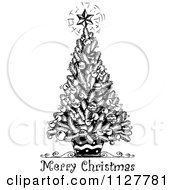 Cartoon Of A Merry Christmas Greeting And Sketched Tree In Black And White Royalty Free Vector Clipart