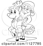 Cartoon Of An Outlined Santa Carrying A Bag And Presenting Over A Surface Royalty Free Vector Clipart