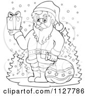 Cartoon Of An Outlined Santa Holding A Christmas Gift In The Snow Royalty Free Vector Clipart