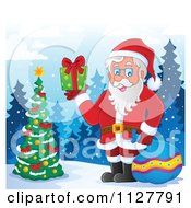 Cartoon Of Santa Holding A Gift By An Outdoor Christmas Tree Royalty Free Vector Clipart