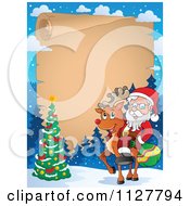 Poster, Art Print Of Christmas Frame Of Santa On A Reindeer By A Christmas Tree Over Parchment