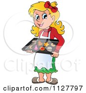 Cartoon Of A Happy Blond Woman Baking Christmas Cookies Royalty Free Vector Clipart by visekart