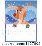 Cartoon Of A Cute Christmas Reindeer Over A Sign In The Snow Royalty Free Vector Clipart