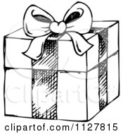 Cartoon Of A Sketched Black And White Christmas Gift Box Royalty Free Vector Clipart