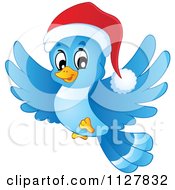 Poster, Art Print Of Flying Christmas Blue Bird Wearing A Santa Hat