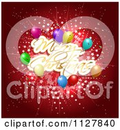 Poster, Art Print Of Merry Christmas Greeting With Party Balloons And Stars On Red