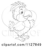 Cartoon Of An Outlined Cute Parrot Pointing Royalty Free Clipart