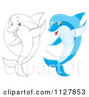 Cartoon Of Outlined And Colored Cute Dolphins Jumping And Waving Royalty Free Clipart