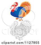 Poster, Art Print Of Outlined And Colored Cute Thanksgiving Turkey Birds