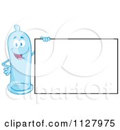 Blue Latex Condom Mascot Holding A Sign 1