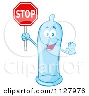 Blue Latex Condom Mascot Holding A Stop Sign