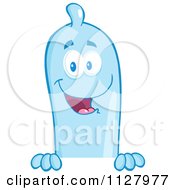 Blue Latex Condom Mascot Over A Sign