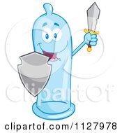 Blue Latex Condom Mascot Protecting With A Shield And Sword