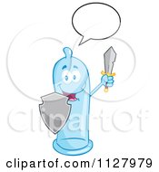 Cartoon Of A Talking Blue Latex Condom Mascot With A Shield And Sword Royalty Free Vector Clipart