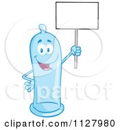 Blue Latex Condom Mascot Holding A Sign 2