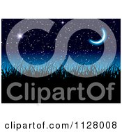 Clipart Of Silhouetted Grass Under A Black And Blue Night Sky With A Crescent Moon Royalty Free Vector Illustration by michaeltravers #COLLC1128008-0111