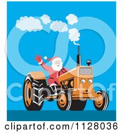 Cartoon Of A Christmas Santa Claus Waving And Operating A Tractor Royalty Free Vector Clipart