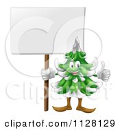 Poster, Art Print Of Happy Christmas Or Evergreen Tree Mascot Holding A Sign And Thumb Up