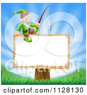 Happy Gnome With A Fishing Pole On A Sign