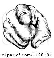 Clipart Of A Black And White Woodcut Outward Pointing Hand Royalty Free Vector Illustration by AtStockIllustration