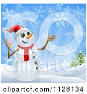 Cartoon Of A Cheerful Snowman In A Scarf And Top Hat In A Winter Landscape Royalty Free Vector Clipart