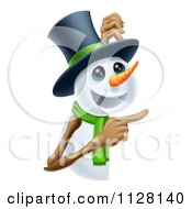 Cartoon Of A Happy Snowman In A Top Hat And Green Scarf Pointing To A Sign Royalty Free Vector Clipart