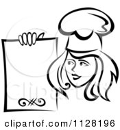 Clipart Of A Black And White Female Chef Holding A Menu Board 1 Royalty Free Vector Illustration