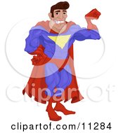 Man In A Red And Blue Super Hero Costume Smiling And Flexing His Arm Muscle