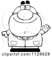 Cartoon Clipart Of An Outlined Waving Pudgy Male Scientist Black And White Vector Coloring Page