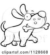 Cartoon Clipart Of An Outlined Happy Dog Strutting With A Bone Black And White Vector Coloring Page by Cory Thoman