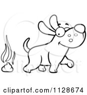 Cartoon Clipart Of An Outlined Happy Dog Walking Away From Poop Black And White Vector Coloring Page by Cory Thoman
