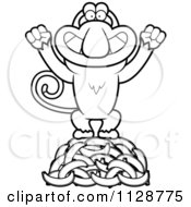 Cartoon Clipart Of An Outlined Proboscis Monkey Standing On Bananas Black And White Vector Coloring Page by Cory Thoman