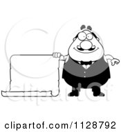 Poster, Art Print Of Black And White Happy Chubby Male Waiter Holding A Sign