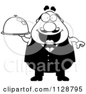 Poster, Art Print Of Black And White Happy Chubby Male Waiter Holding A Cloche Platter