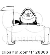 Poster, Art Print Of Black And White Happy Chubby Grim Reaper With A Sign 1
