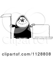 Cartoon Of A Black And White Happy Chubby Grim Reaper With A Sign 2 Vector Clipart by Cory Thoman