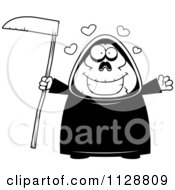 Cartoon Of A Black And White Cartoon Of A Chubby Grim Reaper With Open Arms Vector Clipart