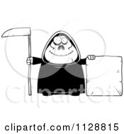 Poster, Art Print Of Black And White Happy Chubby Grim Reaper With A Sign 3
