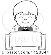 Poster, Art Print Of Black And White Happy Waiter Boy Over A Banner