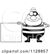 Poster, Art Print Of Black And White Happy Chubby Burglar Or Robber Man With A Sign