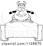 Cartoon Of A Black And White Chubby Ogre Woman Over A Banner Sign Vector Clipart