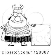 Cartoon Of A Black And White Chubby Ogre Man With A Stone Sign Vector Clipart