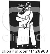 Clipart Of A Woodcut Of A Couple Hugging In Black And White Royalty Free Vector Illustration