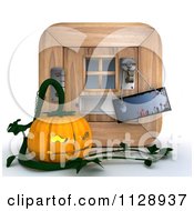 Poster, Art Print Of 3d Halloween Jackolantern Pumpkin By A Door With A Knob Sign