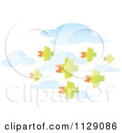 Poster, Art Print Of Green Birds Flying In Formation Over Clouds