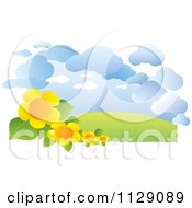 Cartoon Of A Landscape With Flowers Hills And Clouds Royalty Free Vector Clipart