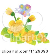 Cartoon Of A Happy Butterfly Over Yellow Flowers Royalty Free Vector Clipart