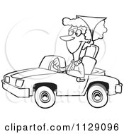 Cartoon Of An Outlined Senior Woman Driving A Convertible Car Royalty Free Vector Clipart